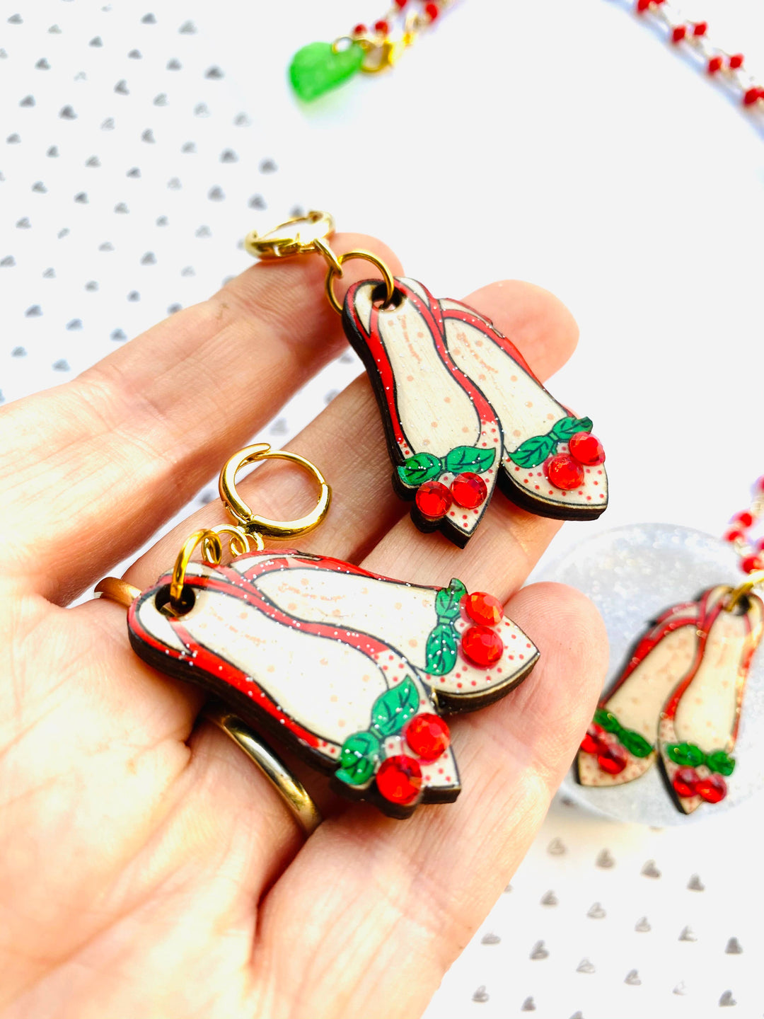 Red Ruby Cherry Shoe Earrings by Rosie Rose Parker