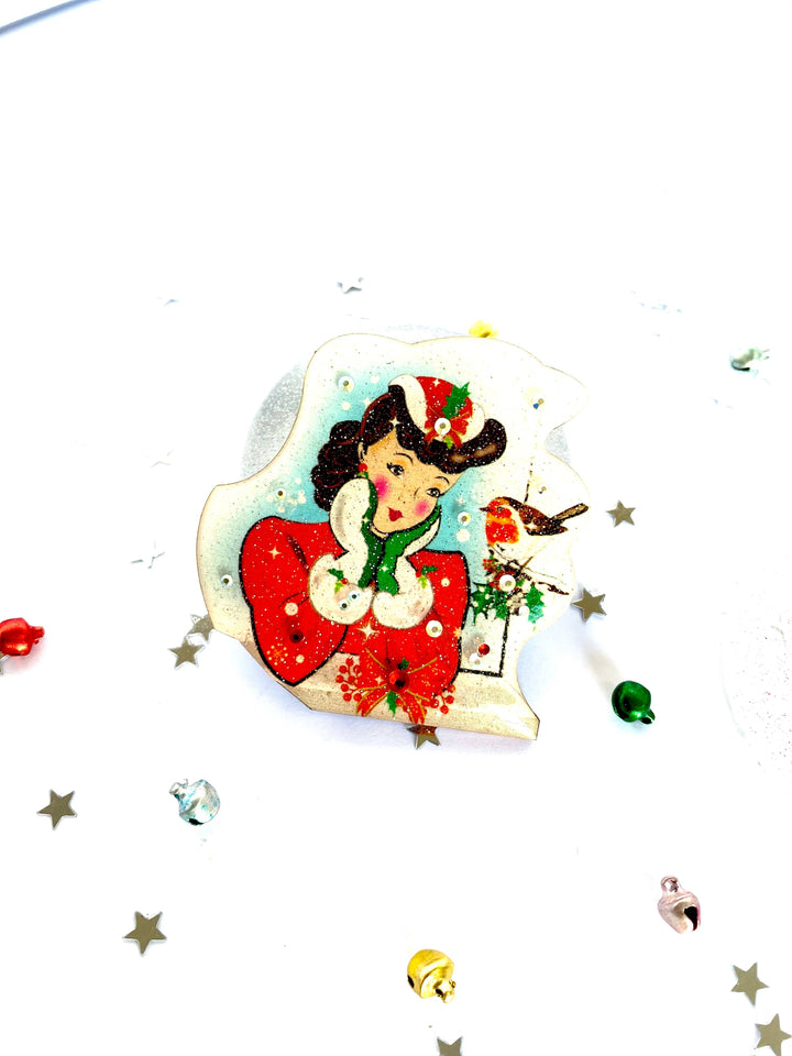 Red Robin and Christmas Lady Brooch by Rosie Rose Parker