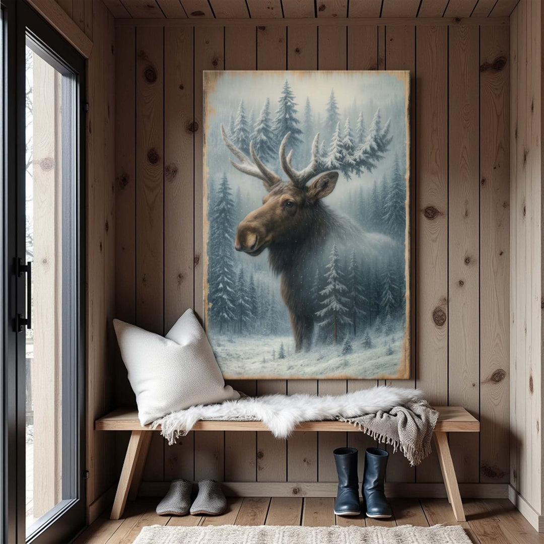 Snowy Forest Moose Double Exposure Wall Art