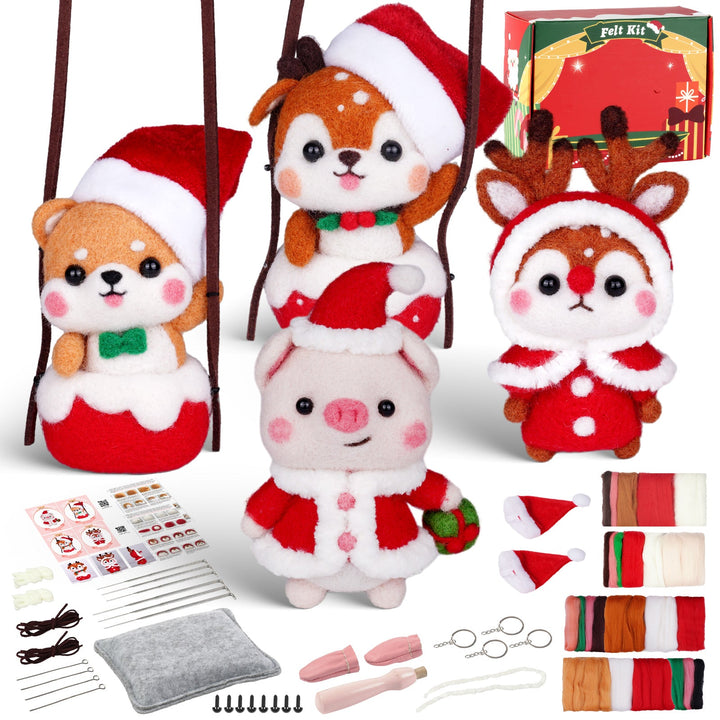 Christmas Shiba Inu and Piggy Needle Felting Kit. Wizardi DIY Wool Craft Kit F07N8-Z-12