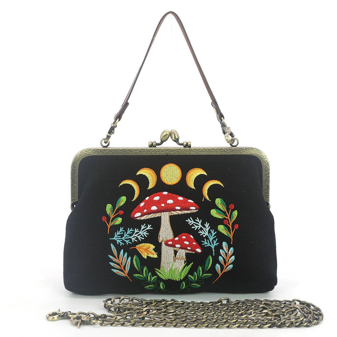 Celestial Mushroom Kiss Lock Bag in Linen Cotton Blend Mater
