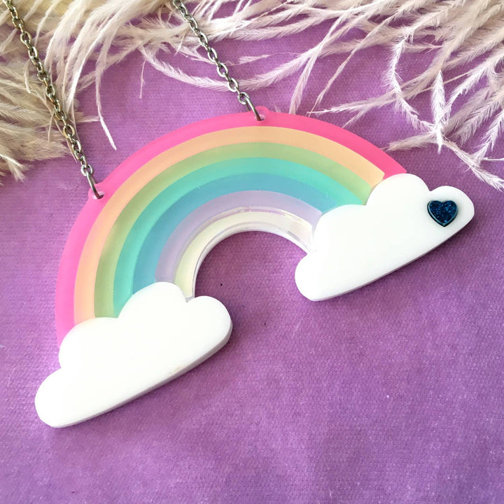 Pastel Frosted Rainbow Acrylic Statement Necklace With Clouds