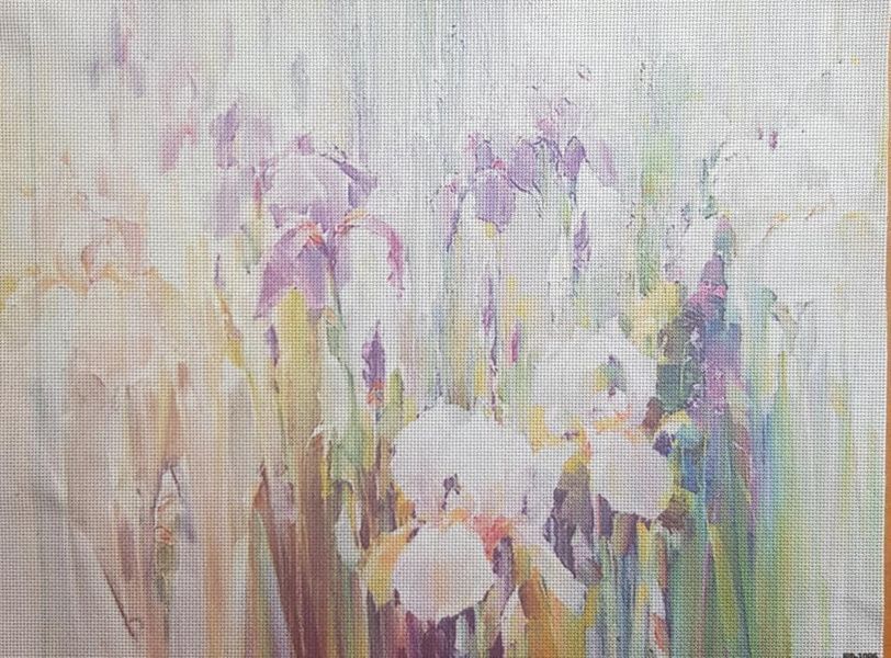 Iris Garden Designer Printed AIDA Fabric. Canvas for embroidery with an applied background  KF-1096A