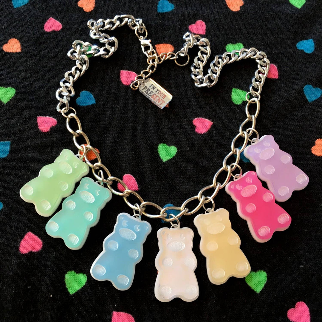 Pastel Rainbow Gummy Bear Candy Food Charm Necklace, Laser Cut Acrylic, Plastic Jewelry