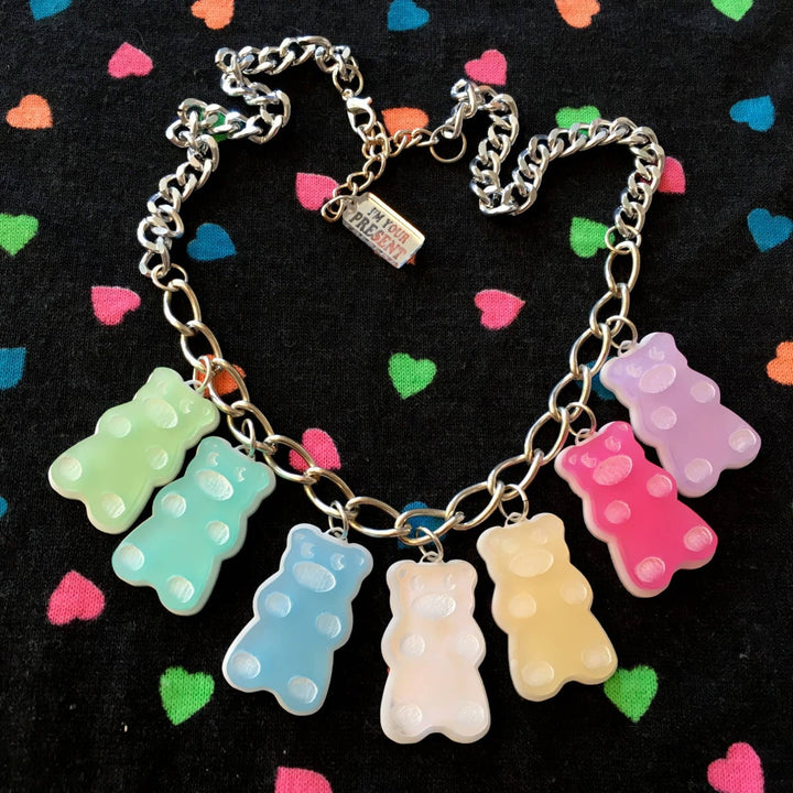 Pastel Rainbow Gummy Bear Candy Food Charm Necklace, Laser Cut Acrylic, Plastic Jewelry