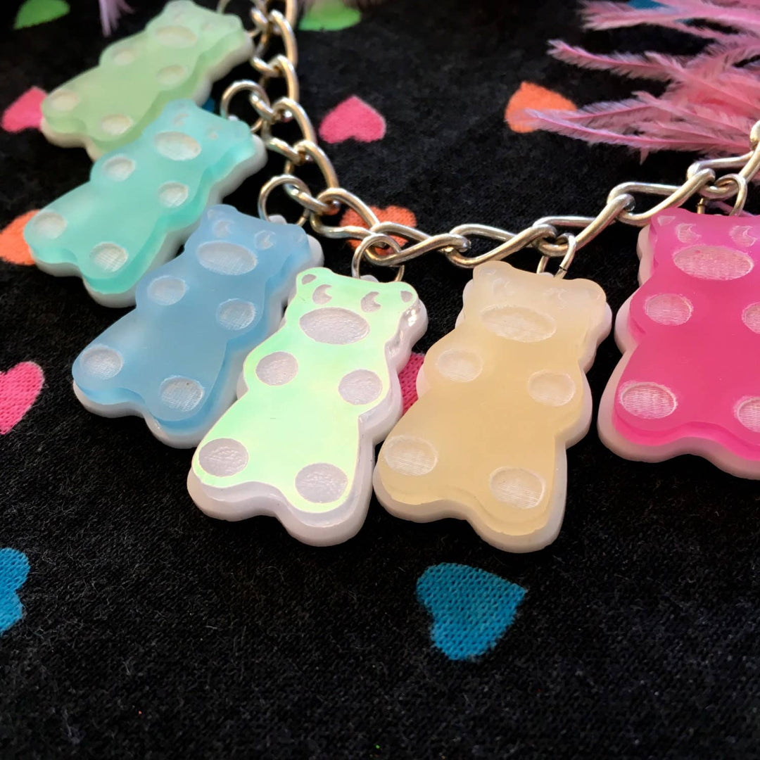 Pastel Rainbow Gummy Bear Candy Food Charm Necklace, Laser Cut Acrylic, Plastic Jewelry