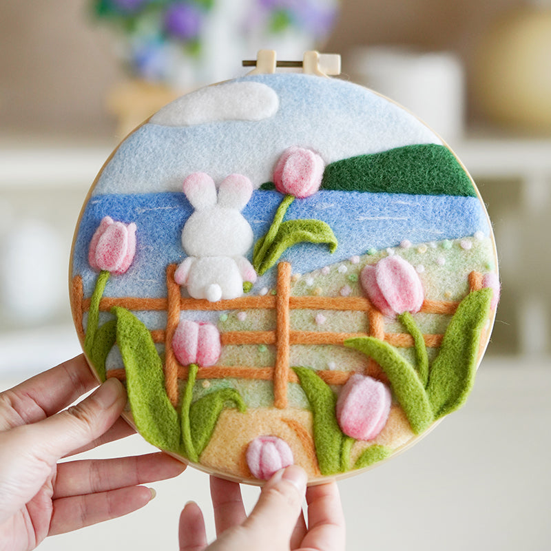 Needle Felting Kit - Rabbit with Flowers. Wizardi DIY Wool Craft Kit F07N8-W443
