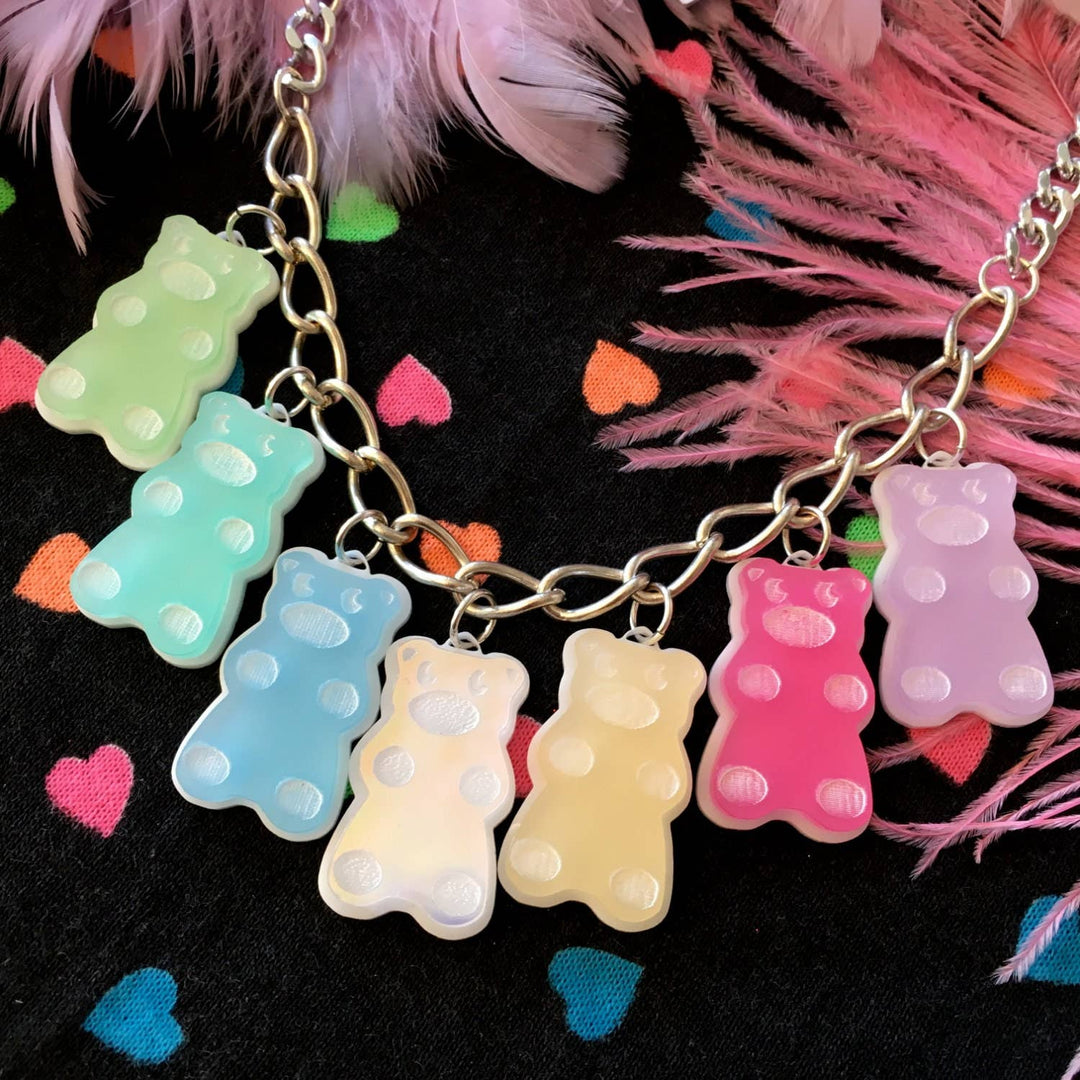 Pastel Rainbow Gummy Bear Candy Food Charm Necklace, Laser Cut Acrylic, Plastic Jewelry