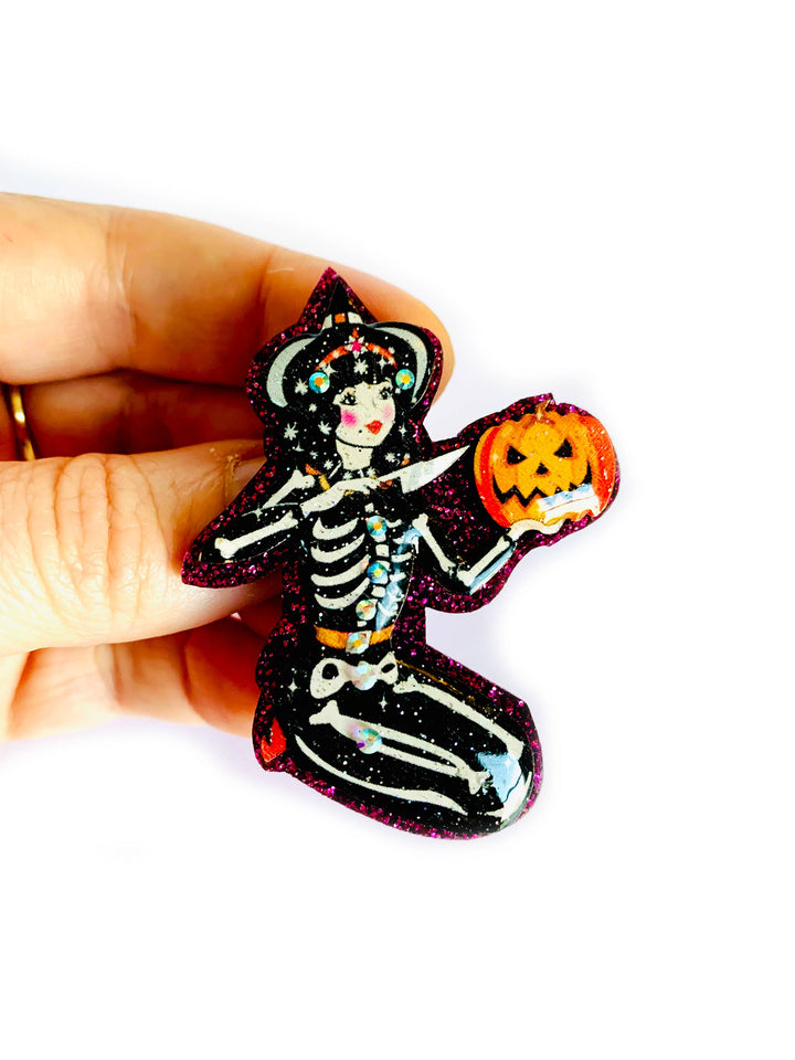 Pumpkin Carving Witch Brooch by Rosie Rose Parker