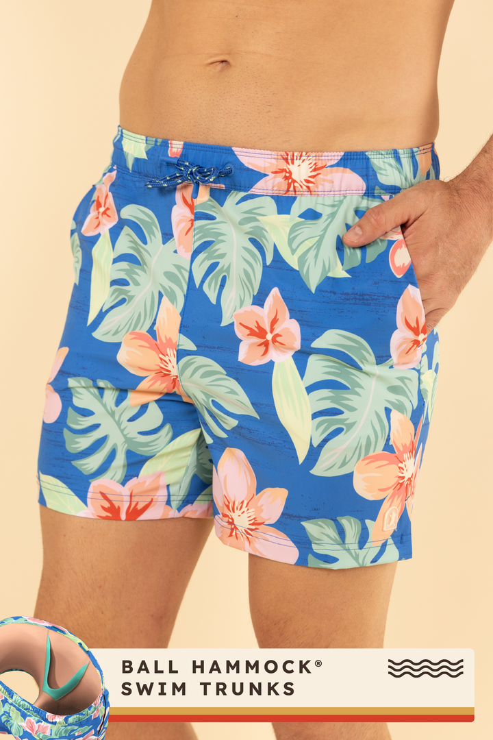 The Boardwalk | Blue and Orange Tropical Ball Hammock® Pouch 5" Swim Trunks