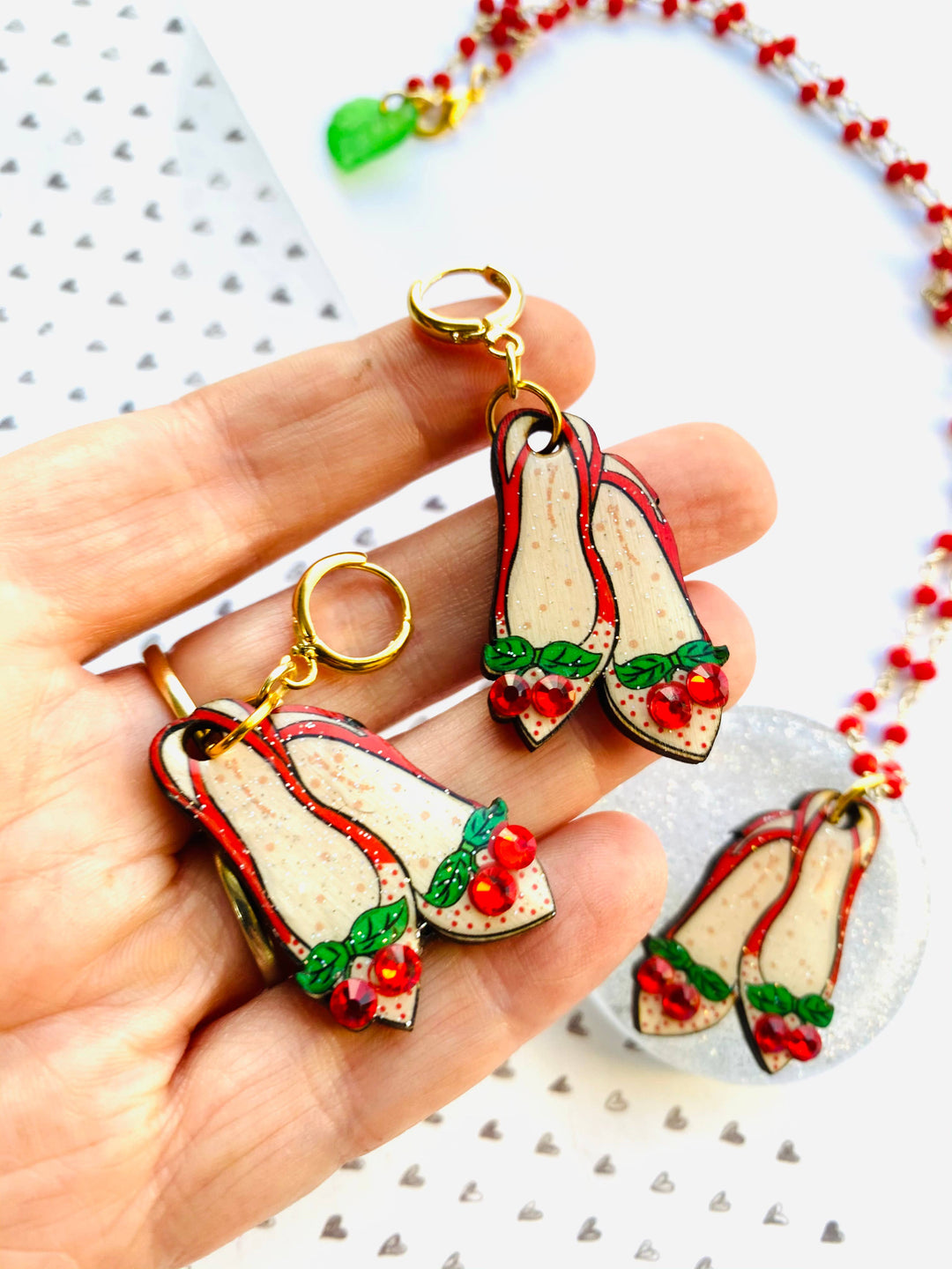 Red Ruby Cherry Shoe Earrings by Rosie Rose Parker