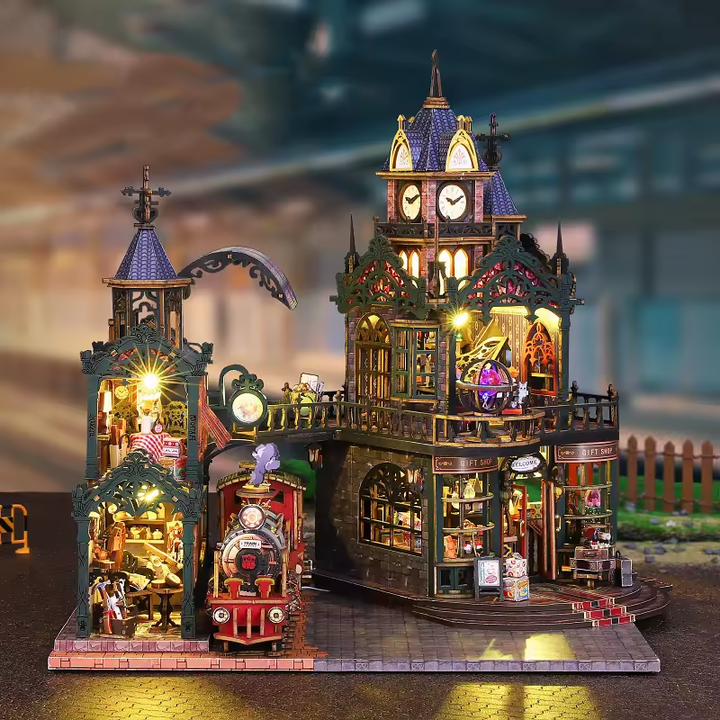 Railway City Dollhouse Kit - Miniature Wizardi Roombox Kit with LED Light F07M51-99-ES019