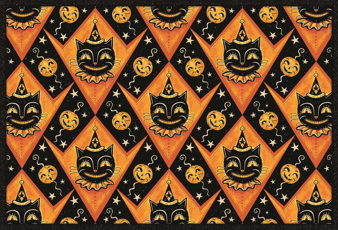 Grinning Black Cat Jack 56” Harlequin Vinyl Floor Decor