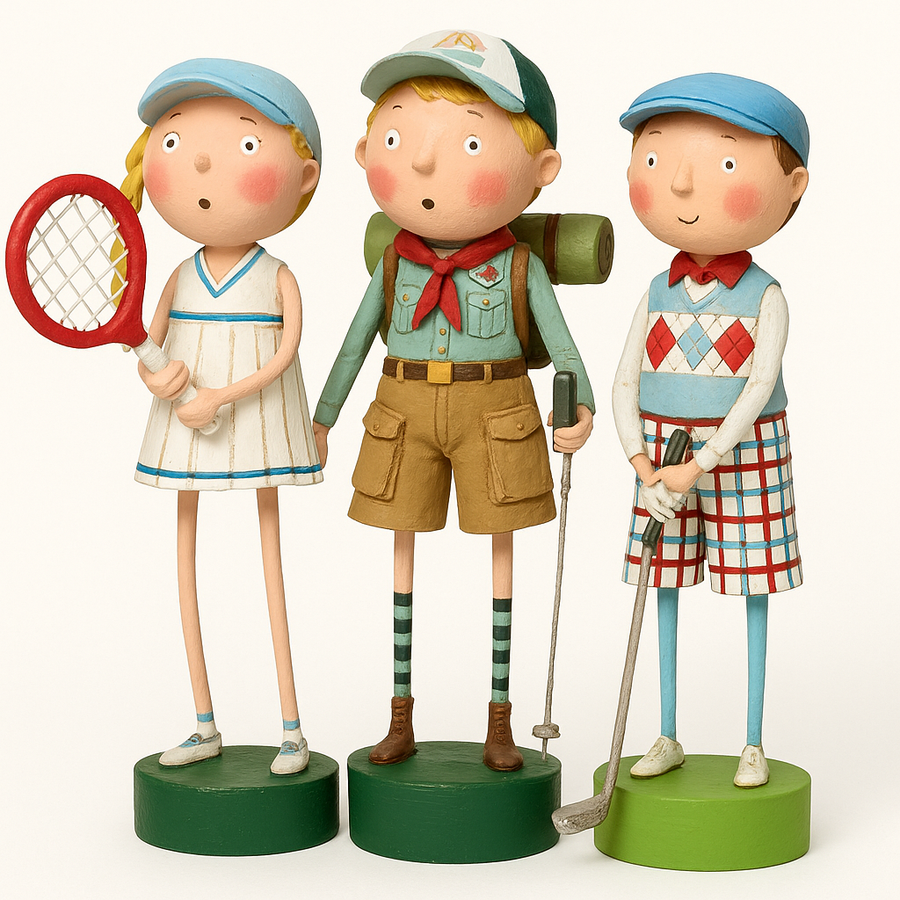 Three figurines representing a tennis player, a scout, and a golfer on green bases.