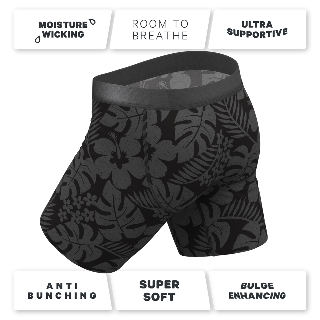 The Midnight Flora | Black Tonal Tropical Long Leg Ball Hammock® Pouch Underwear With Fly