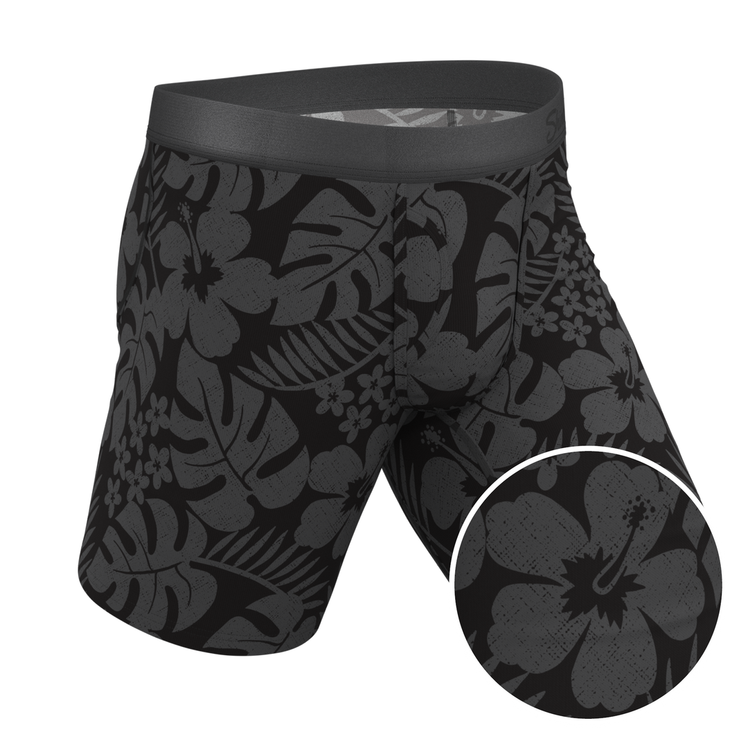 The Midnight Flora | Black Tonal Tropical Long Leg Ball Hammock® Pouch Underwear With Fly