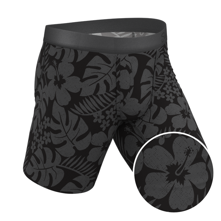 The Midnight Flora | Black Tonal Tropical Long Leg Ball Hammock® Pouch Underwear With Fly