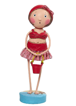 Toy figure of a girl in a red outfit with a bucket on a light background Summer Figurine by Lori Mitchell *NEW FOR 2026*
