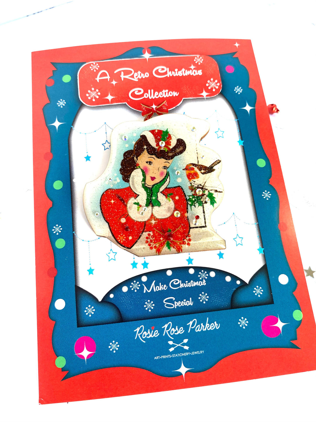 Red Robin and Christmas Lady Brooch by Rosie Rose Parker