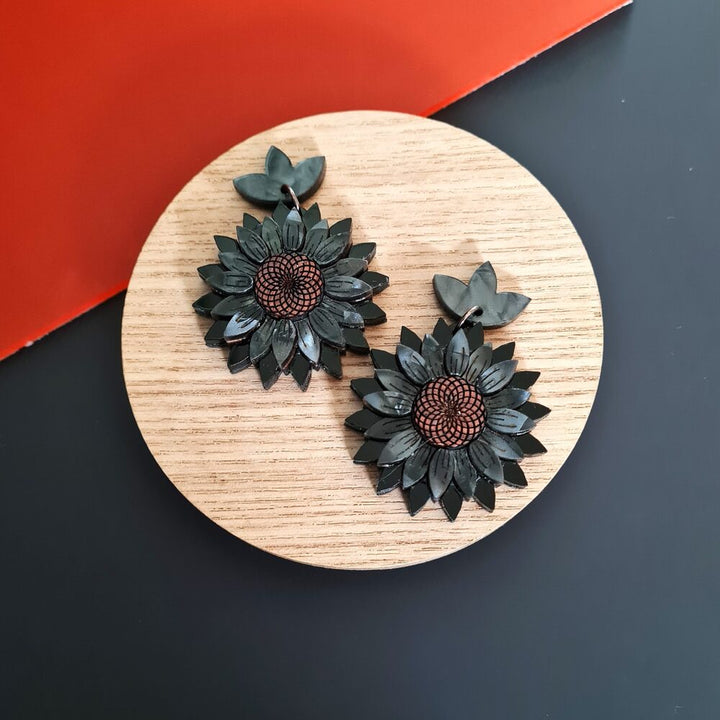 Black Sunflower Dangle Earrings by Cherryloco Jewellery