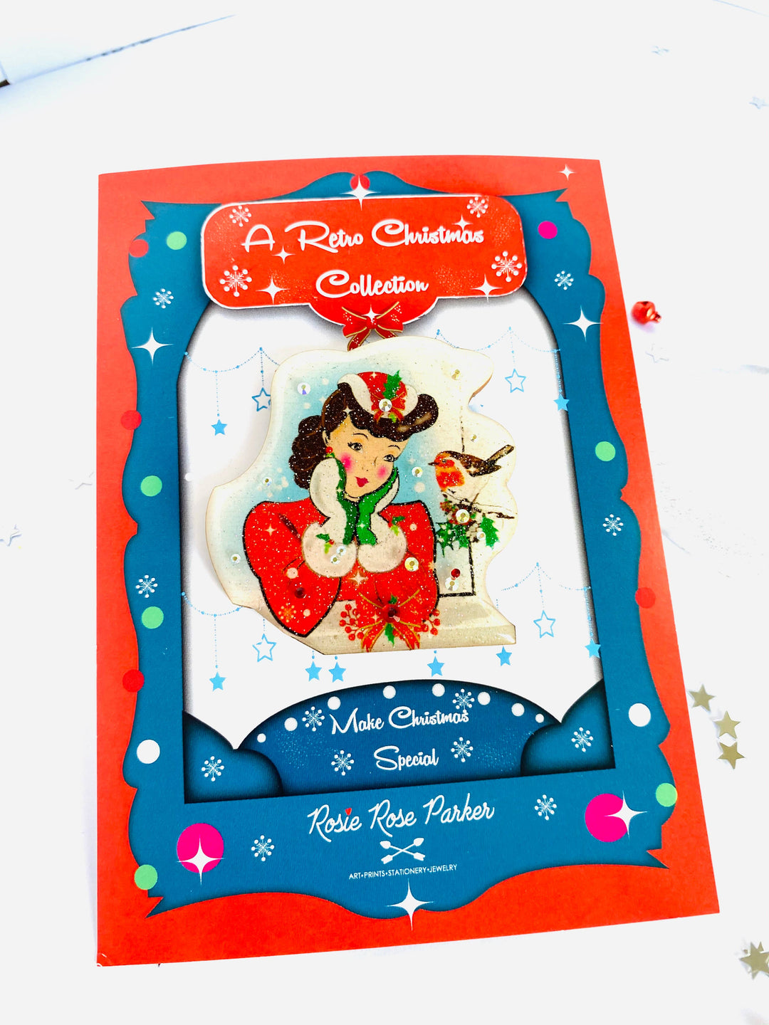 Red Robin and Christmas Lady Brooch by Rosie Rose Parker