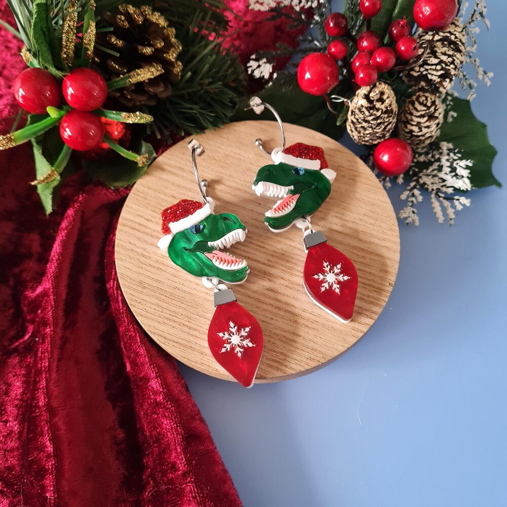Christmas T-Rex Dinosaur Dangle Earrings by Cherryloco Jewellery 1