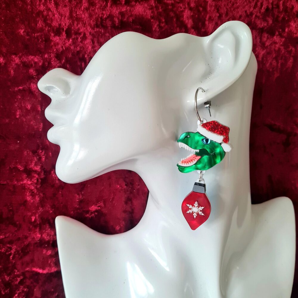 Christmas T-Rex Dinosaur Dangle Earrings by Cherryloco Jewellery 3