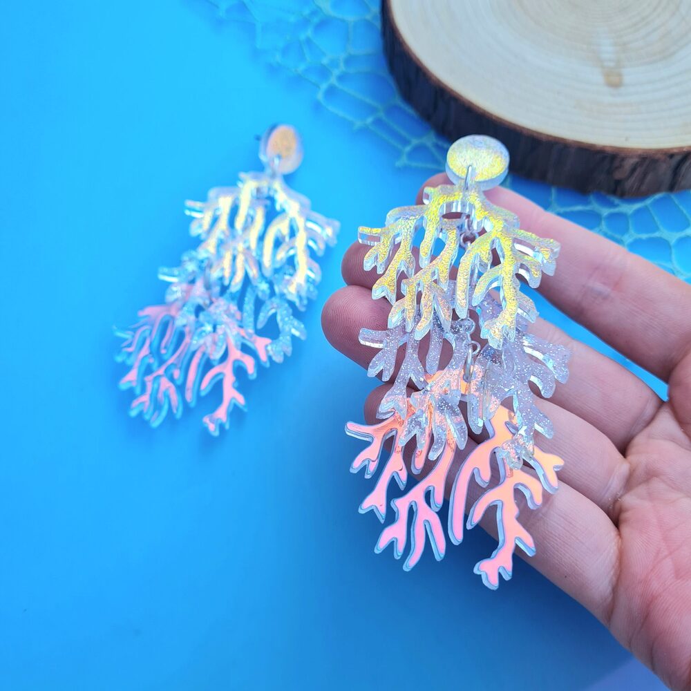Cosmic Rainbow Seaweed Coral Charm Earrings by Cherryloco Jewellery 3