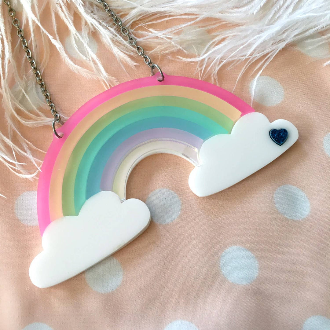Pastel Frosted Rainbow Acrylic Statement Necklace With Clouds