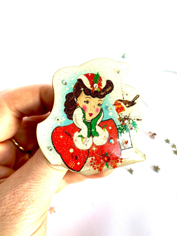 Red Robin and Christmas Lady Brooch by Rosie Rose Parker