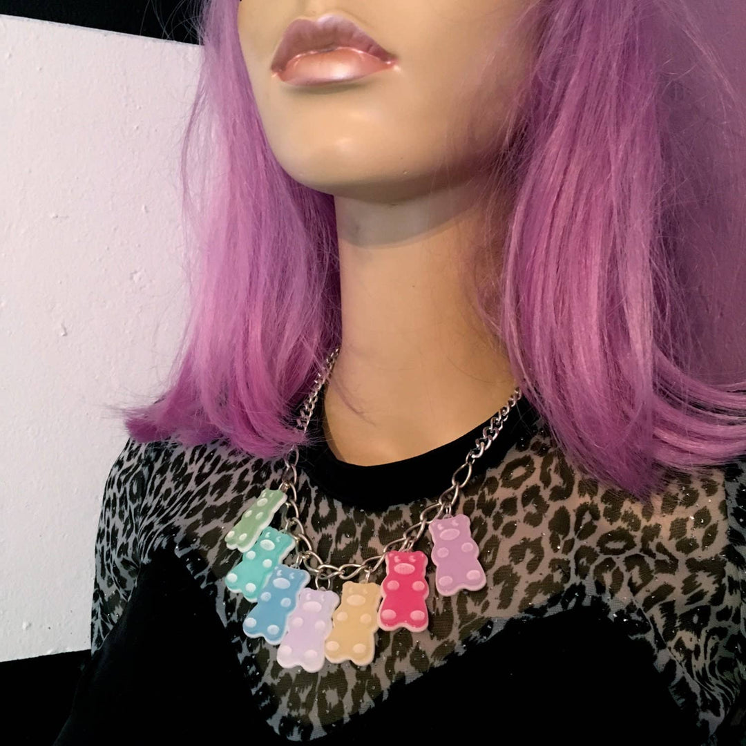 Pastel Rainbow Gummy Bear Candy Food Charm Necklace, Laser Cut Acrylic, Plastic Jewelry