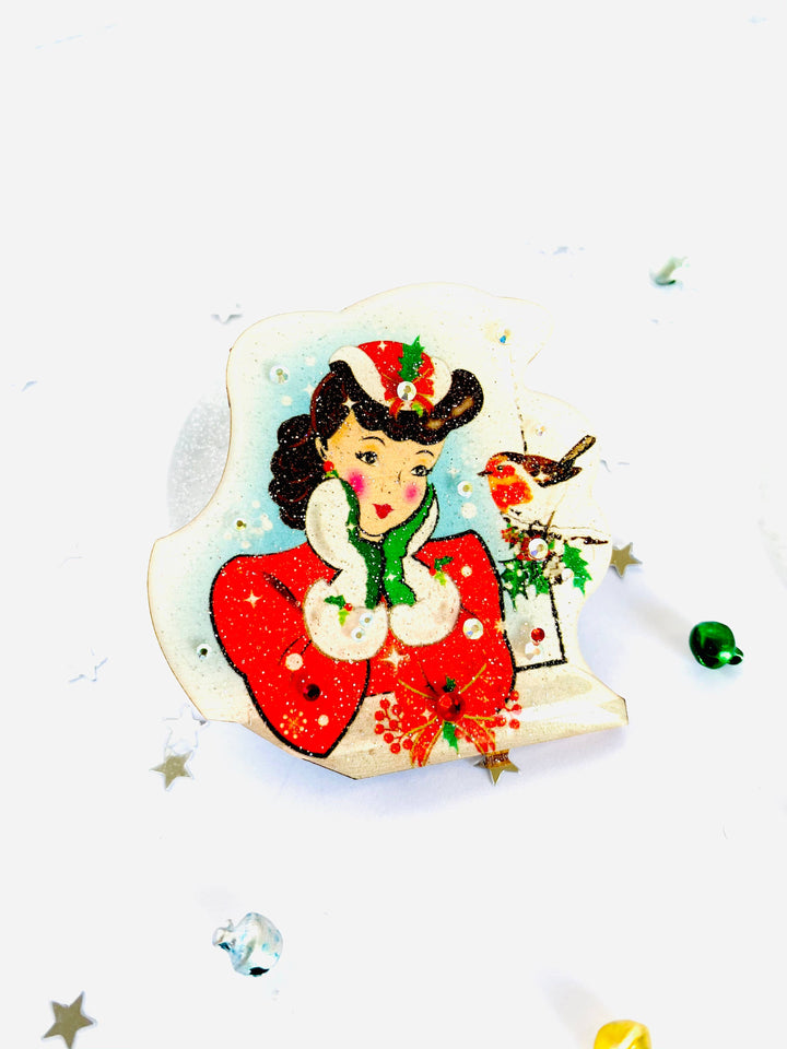 Red Robin and Christmas Lady Brooch by Rosie Rose Parker