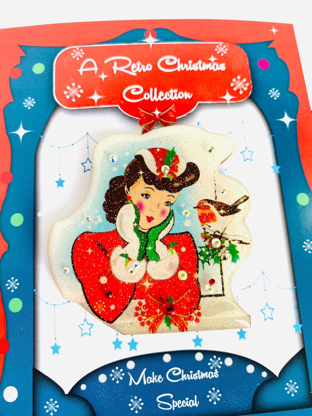 Red Robin and Christmas Lady Brooch by Rosie Rose Parker