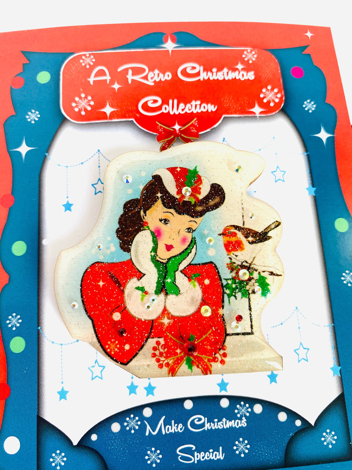 Red Robin and Christmas Lady Brooch by Rosie Rose Parker