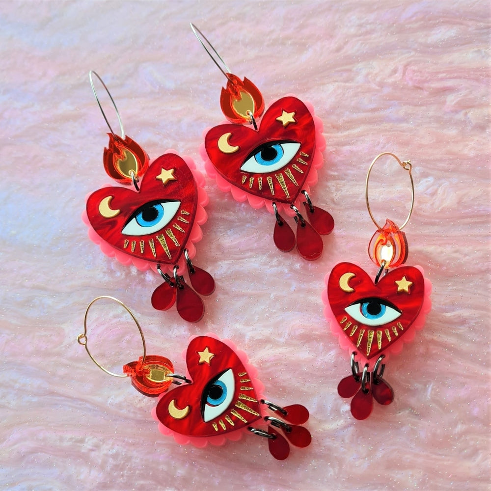 Flaming Heart Hoop Earrings – Two Sizes by Cherryloco Jewellery