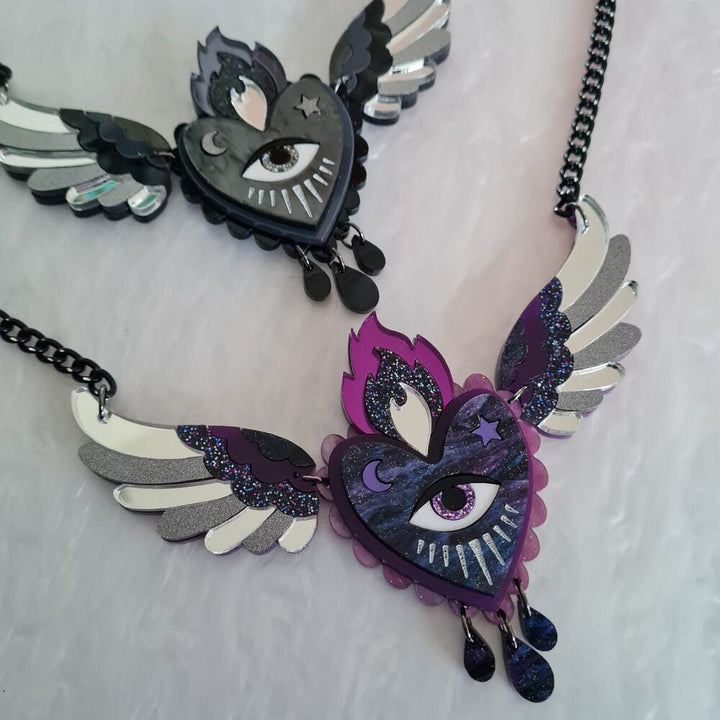 Flaming Winged Heart Statement Necklace - Two Colours by Cherryloco Jewellery