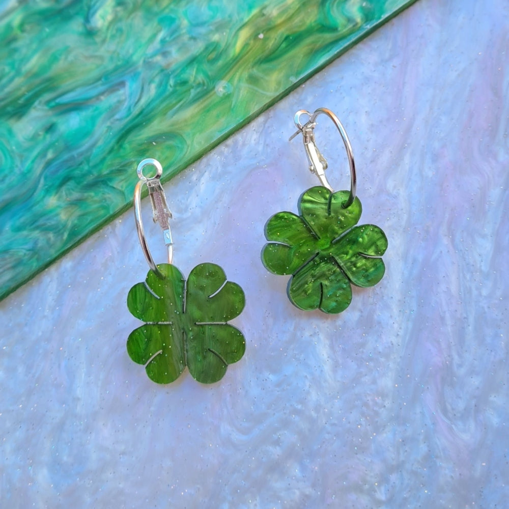 Four Leaf Clover Hoop Dangle Earrings by Cherryloco Jewellery