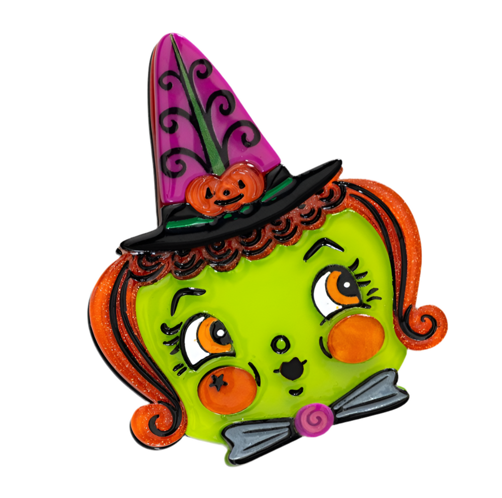 This spooky brooch is designed by our friend Johanna Parker and will be brought to life by Lipstick & Chrome! It's crafted from laser-cut resin acrylic, making it as lightweight as it is eye-catching. Engraved and painted accents add a touch of playfulness.
Don’t miss the Hagatha’s Hat earrings.
She measures approximately 2.8" 
Our brooches are meant to remind you of the charm and personality of vintage jewelry.