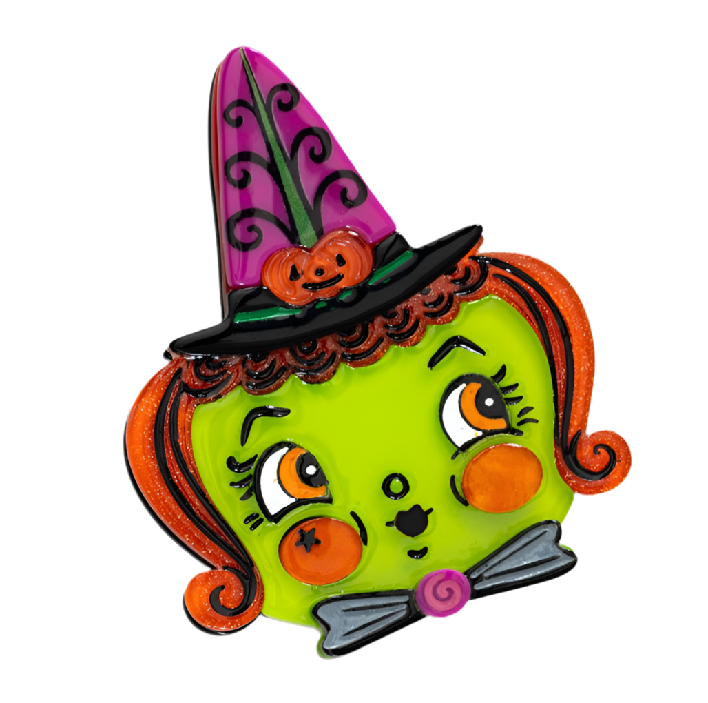 This spooky brooch is designed by our friend Johanna Parker and will be brought to life by Lipstick & Chrome! It's crafted from laser-cut resin acrylic, making it as lightweight as it is eye-catching. Engraved and painted accents add a touch of playfulness.
Don’t miss the Hagatha’s Hat earrings.
She measures approximately 2.8" 
Our brooches are meant to remind you of the charm and personality of vintage jewelry.