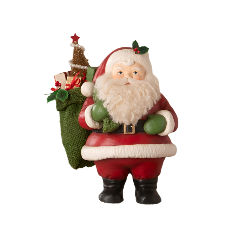bethany lowe christmas hand-painted resin Santa Claus figurine with a green bag, red and silver decorations, and a white beard.