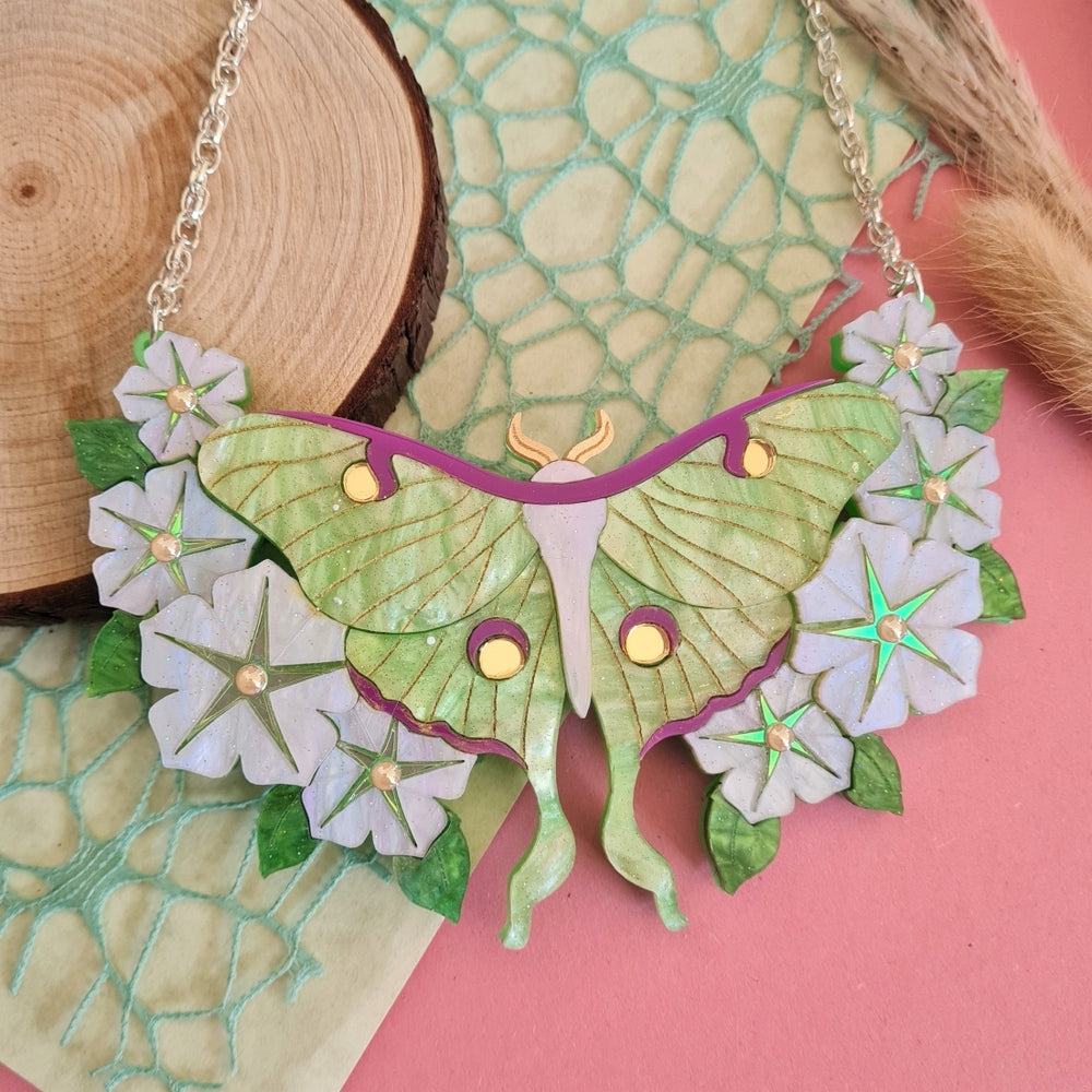Luna Moth and Moonflower Statement Necklace