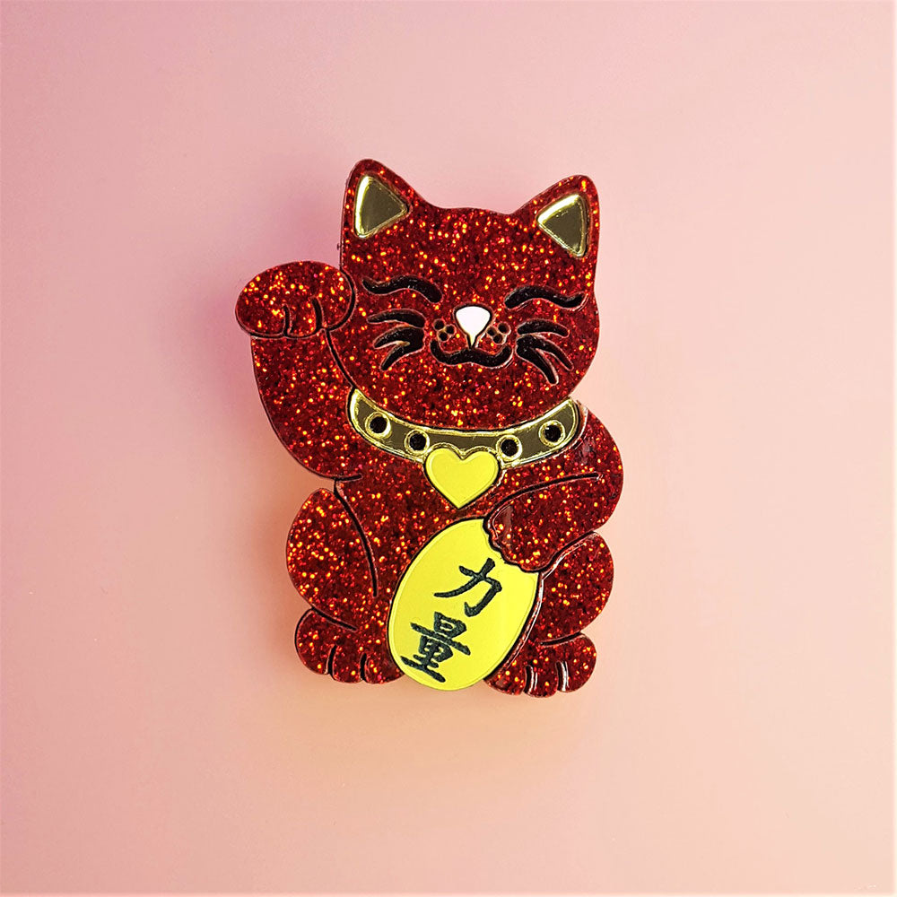 Maneki Neko Strength Cat Brooch by Cherryloco Jewellery 2