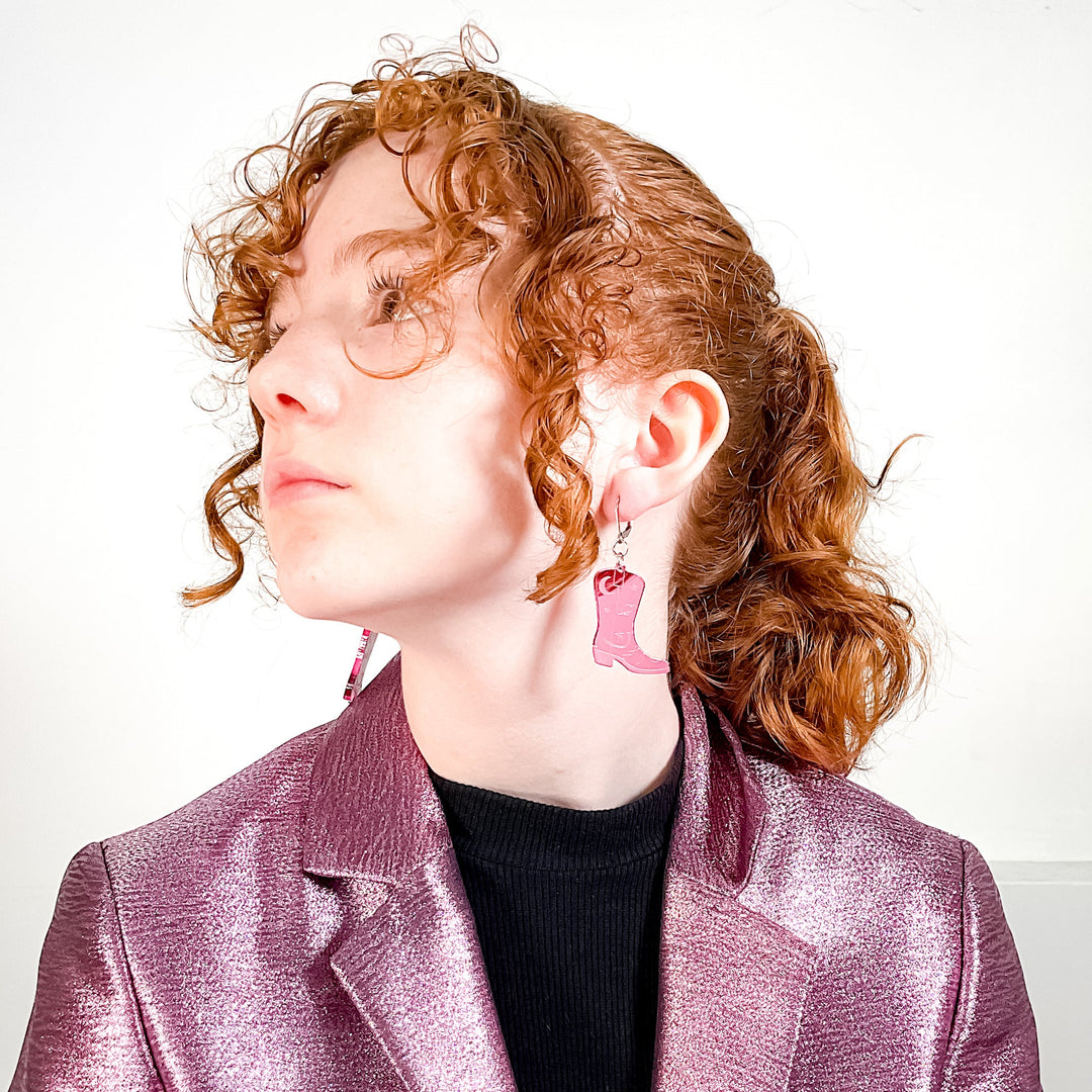 Space Cowboy Boot Dangle Earrings - Mirror Pink