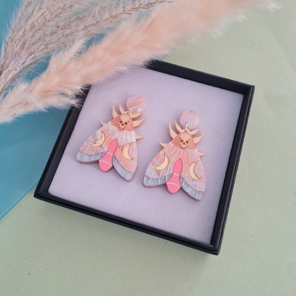 Mystic Moon Moth Earrings – Coral Sunset by Cherryloco Jewellery