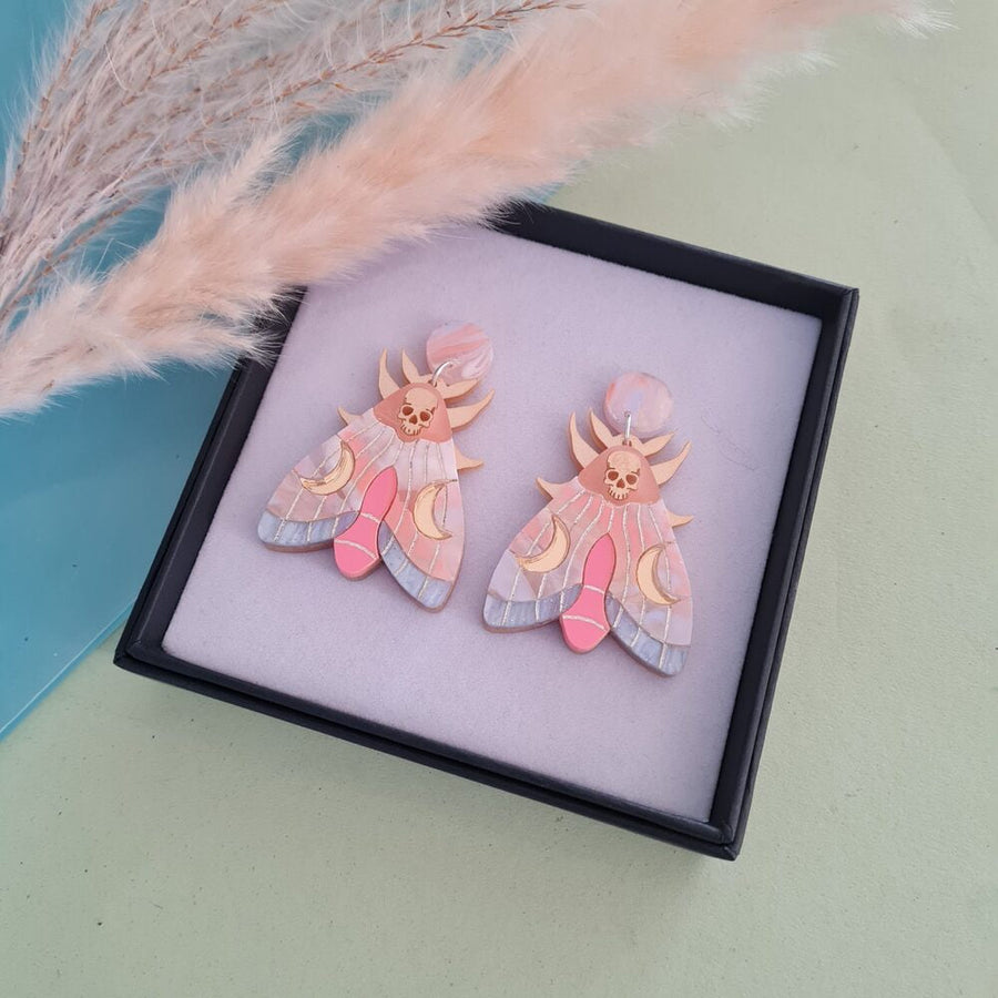 Mystic Moon Moth Earrings – Coral Sunset by Cherryloco Jewellery