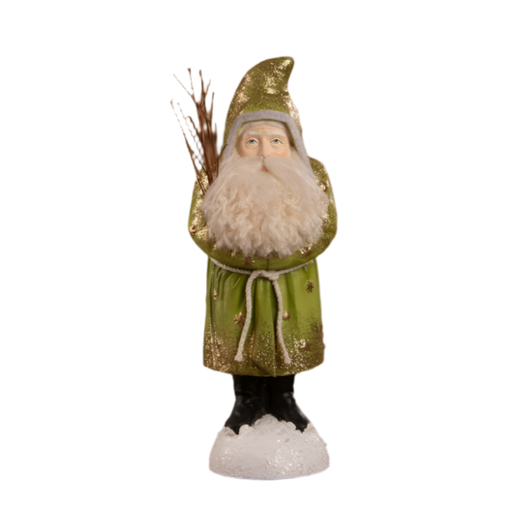 A nostalgic green Belsnickle Christmas decoration figure with a vintage vibe, metallic gold stars, glitter, a fabric beard, and natural branches.