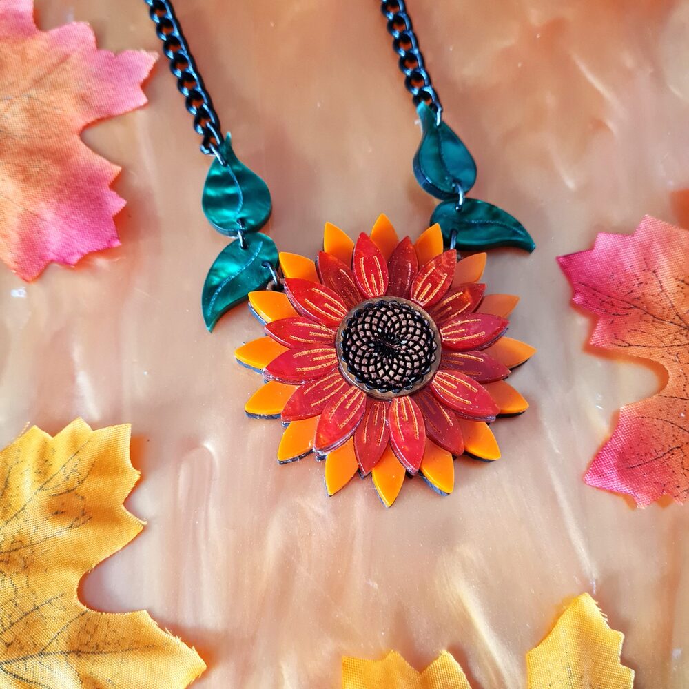 Orange Sunflower Pendant Necklace by Cherryloco Jewellery