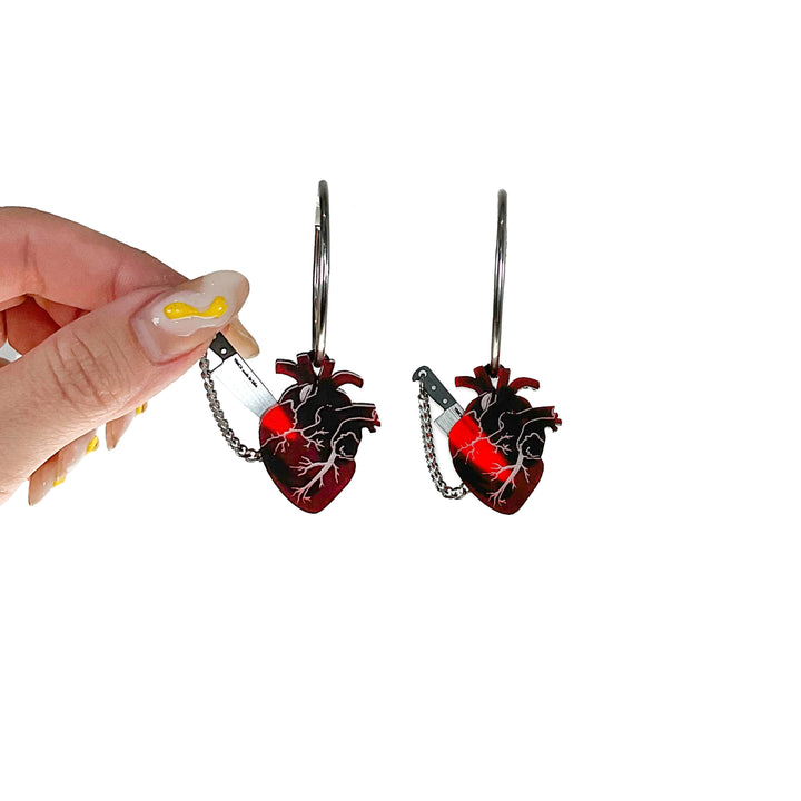 Chopped Heart Hoops - Drop Dead Red Silver Hoops