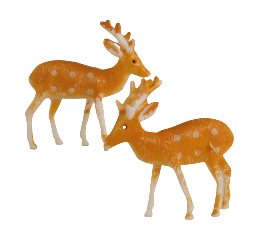 These are nice retro Reindeer (Buck skin Yellow / Tan with spots). They are hand-painted plastic that is about 1" at their back and 1.5" tall at the tip of their antlers. You'll get four retro buck skin colored forest reindeer in this set. (four deer per pack) 
1. Includes four Retro Reindeer miniatures. 2. Diecast plastic material 3. Buck skin Yellow / Tan with spots 4. Hand-painted, vintage production style. 5. Measures 1" tall at the top of its head 6. Measures 1.5" tall at the top of the antlers 7