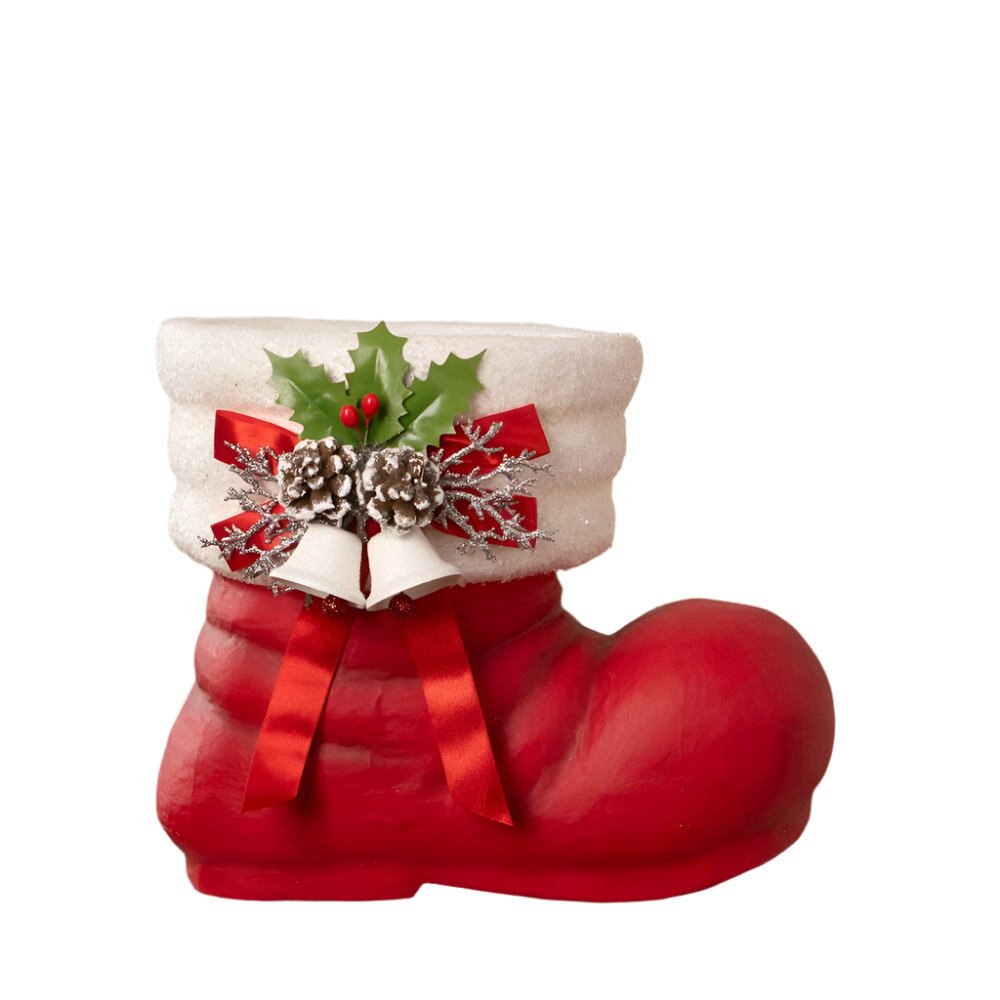 bethany lowe vintage Santa boot with a festive embellishment on the cuff, including pinecones, berries, and a ribbon.